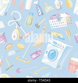 Cleaning tools seamless pattern. House icons background. Washing machine, Detergents Cleanser, Water bucket for Mopping, Chemicals Appliances for Stock Vector