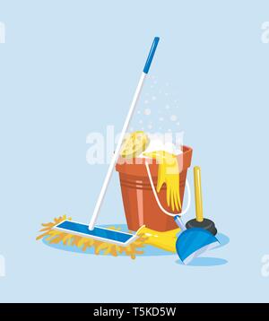 Cleaning tools. House icons for poster. Washing machine, Detergents Cleanser for apartments, Water bucket for Mopping, Vacuum cleaner Scoop, Chemicals Stock Vector