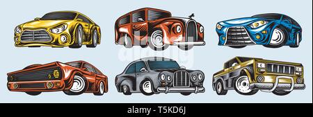 Muscle cars and vintage transports for logo and labels. Set of retro old school auto service. Collection of classic roadster. Engraved hand drawn Stock Vector