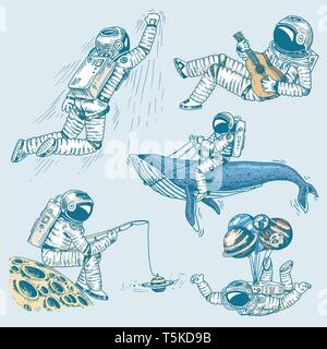 Collection soaring spaceman. Set of Astronauts in space. Dancer musician adventure in the galaxy. Engraved hand drawn pop art comic sketch. Stock Vector