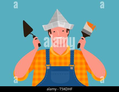 Happy worker holding building tools. Finishing work, cartoon vector illustration Stock Vector