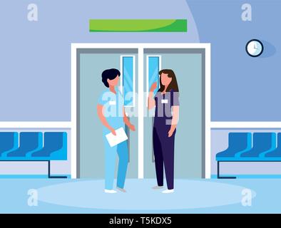 female medicine workers in elevator door vector illustration design Stock Vector