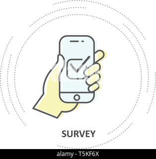 Online survey - checkbox on smartphone screen, hand holds smartphone and votes Stock Vector