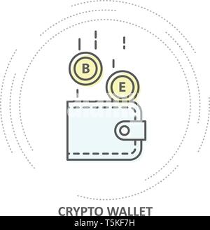 Crypto wallet icon - coins drop into cryptocurrency wallet Stock Vector