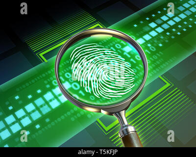 Magnify lens scanning some code and revealing a fingerprint. 3D illustration. Stock Photo