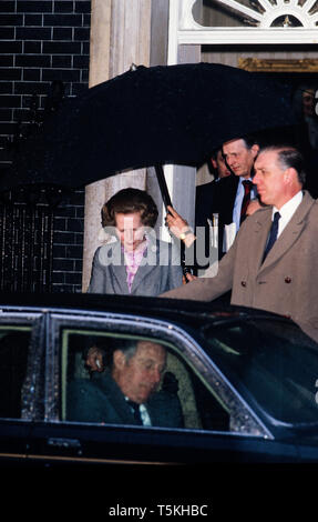 Margaret Thatcher Prime Minister leaves No 10 Downing Street to address parliament over the Westland Affair 1985 Westland Helicopters was a British aerospace company. Originally Westland Aircraft, the company focused on helicopters after the Second World War. It was amalgamated with several other British firms in 1960 and 1961. In 2000, it merged with Italian helicopter manufacturer Agusta to form AgustaWestland,[1] which in turn merged into Leonardo-Finmeccanica in 2016. The Westland affair in 1985–86 was an episode in which Margaret Thatcher, Prime Minister of the United Kingdom, and her Sec Stock Photo