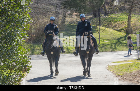 NYPD Police officers on patrol on horseback in Prospect Park, in the borough of Brooklyn, New York City. Stock Photo