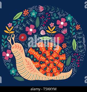 Vector cute illustration of folk snail and flowers on a dark background. Stock Vector