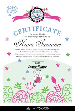 Easter white blue certificate with bunny, multicolored ornamental eggs. Pastel colors Stock Vector