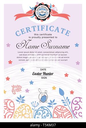 Easter white blue certificate with bunny, multicolored ornamental eggs. Pastel colors Stock Vector