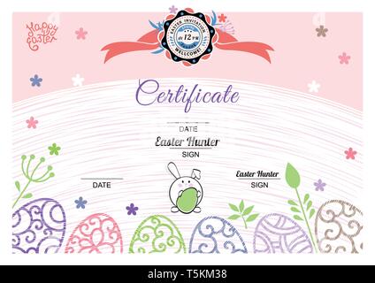 Easter white pink certificate with bunny, multicolored ornamental eggs. Pastel colors Stock Vector