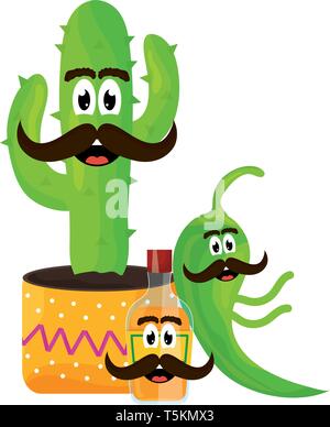 mexican emoji character with tequila and chilli pepper vector ...