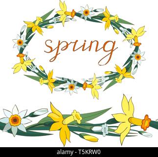 Spring. Lettering. Floral wreath of white and yellow daffodils. Endless floral brush. EPS 10 Stock Vector