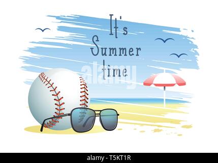 It's Summer Time. Sports card. Baseball ball with sunglasses and beach umbrella on the sand beach background. Vector illustration. Stock Vector