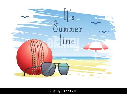 It's Summer Time. Sports card. Cricket ball with sunglasses and beach umbrella on the sand beach background. Vector illustration. Stock Vector