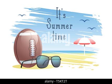 It's Summer Time. Sports card. American Football ball with sunglasses and beach umbrella on the sand beach background. Vector illustration. Stock Vector