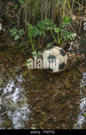 Slightly deflated plastic football lost in a drainage ditch. Missing ball, lost football. In among the weeds metaphor, game abandoned. Stock Photo