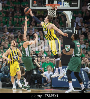 Kaunas, Lithuania. 25th Apr, 2019. Jan Vesely (Top) of Fenerbahce Beko Istanbul defends during the fourth playoff of the Euroleague basketball game between Lithuania's Zalgiris Kaunas and Turkey's Fenerbahce Beko Istanbul in Kaunas, Lithuania, April 25, 2019. Fenerbahce Beko Istanbul won 99-82. Credit: Alfredas Pliadis/Xinhua/Alamy Live News Stock Photo