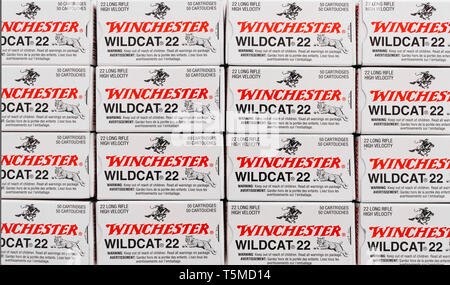 Pleasant Valley, Canada - April 25, 2019: Winchester 22 ammunition boxes. Winchester ammunition is produced by the the Winchester Repeating Arms Compa Stock Photo