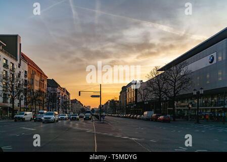Berlin, Germany. February 19, 2019. Morning in Berlin. City view of the road with cars. Road sign to Tegel airport. Stock Photo