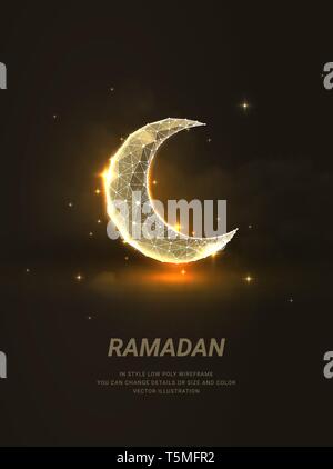 Crescent or moon.  Abstract illustration isolated on dark background. Low poly wireframe mesh. Particles are connected in a geometric silhouette Stock Vector