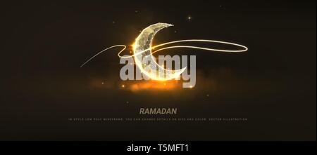 Crescent or moon.  Abstract illustration isolated on dark background. Low poly wireframe mesh. Particles are connected in a geometric silhouette Stock Vector
