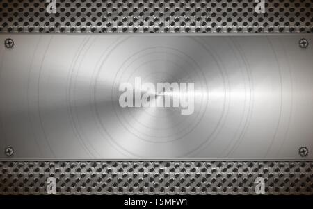 Round polished metal blank plate on bright gray metallic grid, industrial background Stock Vector