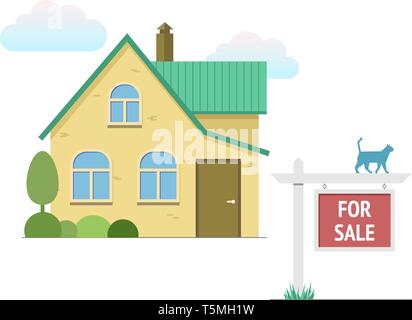 House with tree and bushes. Property for sale wooden placard nameplate with cat. Yellow brick wall, green roof housetop. Real estate sign. Flat design Stock Vector