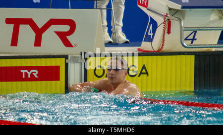 Daniel Jervis (Swansea University) reacts after winning the men's open 400 metres freestyle final, during Day 1 of the 2019 British Swimming Champions Stock Photo