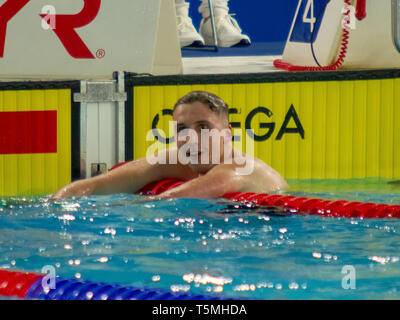 Daniel Jervis (Swansea University) reacts after winning the men's open 400 metres freestyle final, during Day 1 of the 2019 British Swimming Champions Stock Photo