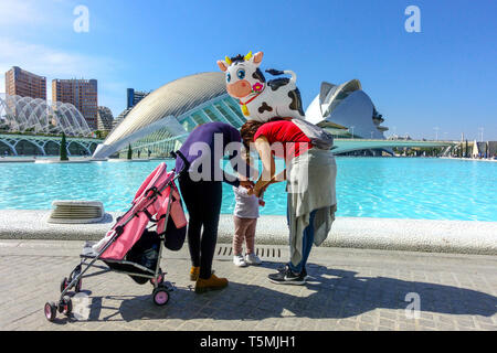 Valencia City Spain Two women, toddler and inflatable balloon cow on  walk-in Valencia City Arts of Sciences Spain Europe everyday life in modern city Stock Photo