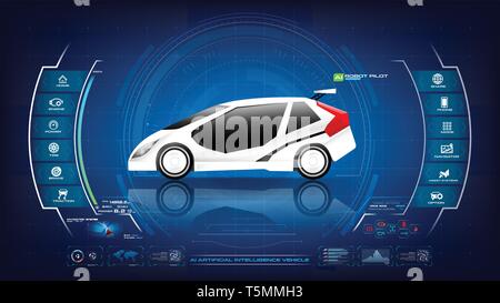 EV electric vehicle car user interface with Ai artificial intelligence HUD GUI with for cyber futuristic transport concept on the dark blue background Stock Vector