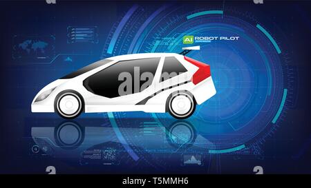 EV electric vehicle car user interface with Ai artificial intelligence HUD GUI with for cyber futuristic transport concept on the dark blue background Stock Vector