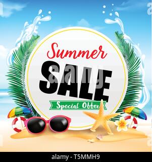 Summer sale on white circle frame with Starfish flower palm leaf sand with copyspace and summer beach element over cloud and blue sky background vecto Stock Vector