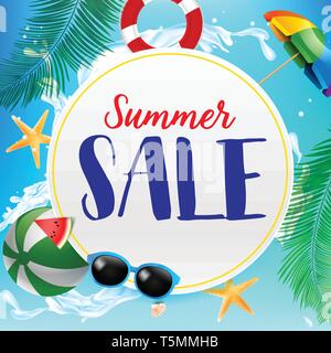 Summer sale titile on white circle over Abstract background top view of sand and sea beach starfish shell rock and umbrella for summer vacation promot Stock Vector