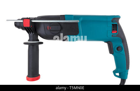 Manual electric drill-puncher of black and turquoise color for professional work in construction, isolated on white background Stock Photo