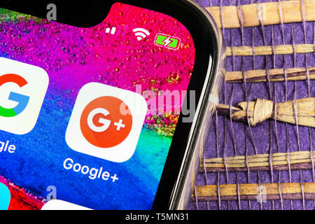 Sankt-Petersburg, Russia, February 17, 2019: Google plus application icon on Apple iPhone X smartphone screen close-up. Google plus app icon. Google+. Stock Photo