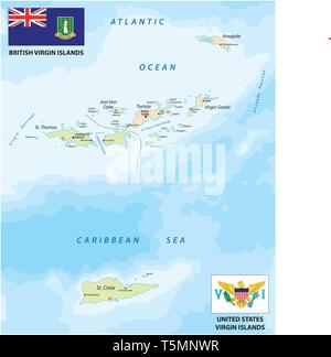 united states and british virgin islands vector map with flags Stock Vector