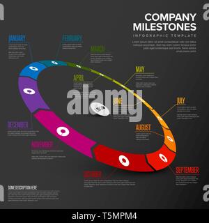 Full year circular timeline template with all months on a big diagonal 3d circle ring time line - dark version Stock Vector