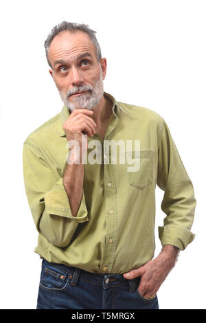 man having a doubt or question on white background Stock Photo