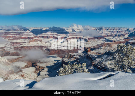 Grand Canyon in winter, viewed from the South Rim. Snow covers the canyon walls. Clouds clinging to the canyon, and overhead in the blue sky. Stock Photo