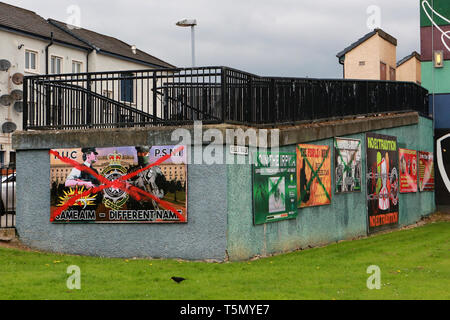 Derry, County Londonderry, Northern Ireland, 25th April, 2019 . Defaced Dissident Republican posters in the Bogside area of Londonderry following the murder of Lyra McKee, a Journalists, 29, who was shot in the head on Thursday 18th of April, 2019. Ms McKee was observing rioting in Londonderry's Creggan estate. The New IRA later  admitted responsibility for the murder of journalist Lyra McKee.  Paul McErlane/Alamy Live News Stock Photo
