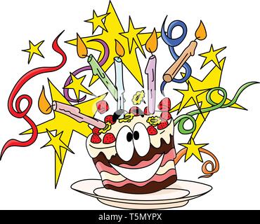 Cartoon happy birthday cake decorated with candles stars and ribbons vector illustration Stock Vector