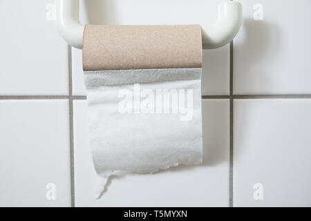 Close-up Of Finished Toilet Paper Roll In Bathroom Stock Photo