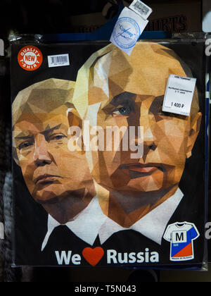 ST. PETERSBURG, RUSSIA - MAY 19, 2017:  Souvenir T-shirts with Putin and Trump and the text 'We love Russia'. Stock Photo