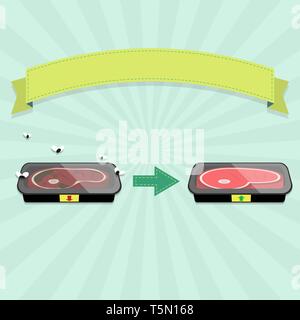 Rotten steak tray with flies and fresh steak tray. Labels with red and green arrows, up and down, indicating food out of date. Validity. Blank ribbon  Stock Vector