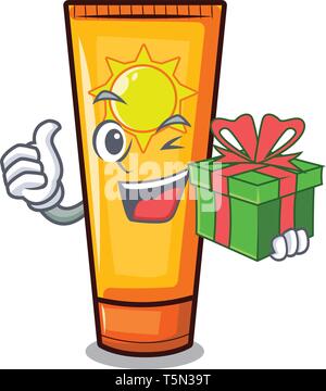 With gift cartoon sun cream in bag makeup Stock Vector