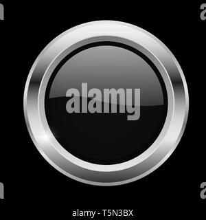 Black button with chrome frame. Round glass shiny 3d icon Stock Vector ...