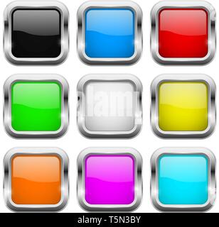 Square buttons. Glass colored icons with chrome frame Stock Vector