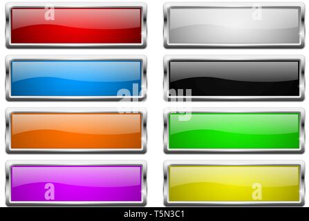 Square buttons. Glass colored icons with chrome frame Stock Vector